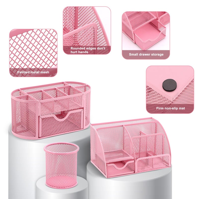 Froidesente 17 in 1 Pink Desk Organizers and Accessories Set  3 Office Desk Supplies Storage Organization  4 Pens  Stapler  Staples & Remover  Tape & Dispenser  Scissors  Ruler  Clips  Hole Punch  Sticky Holder - Image 3